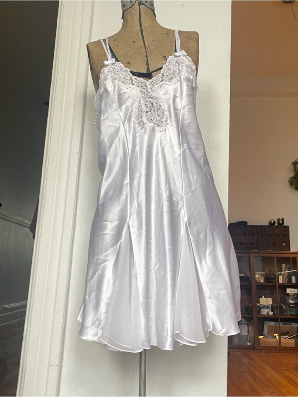 Women's White Satin Lace Slip Dress